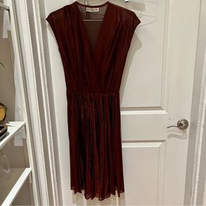 Vintage 90s sheer shimmer burgundy low v neck midi dress